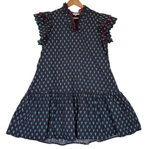 ENTRO Navy Blue Cactus Floral Flutter Sleeve Ruffle Tiered Mini Shift Dress Sz M
